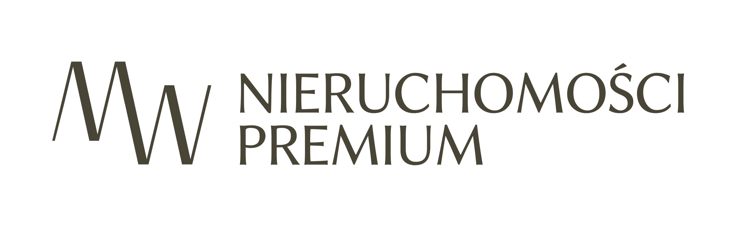 Logo firmy: beżowy sygnet "MW" i napis "NIERUCHOMOŚCI PREMIUM" obok siebie na białym tle.