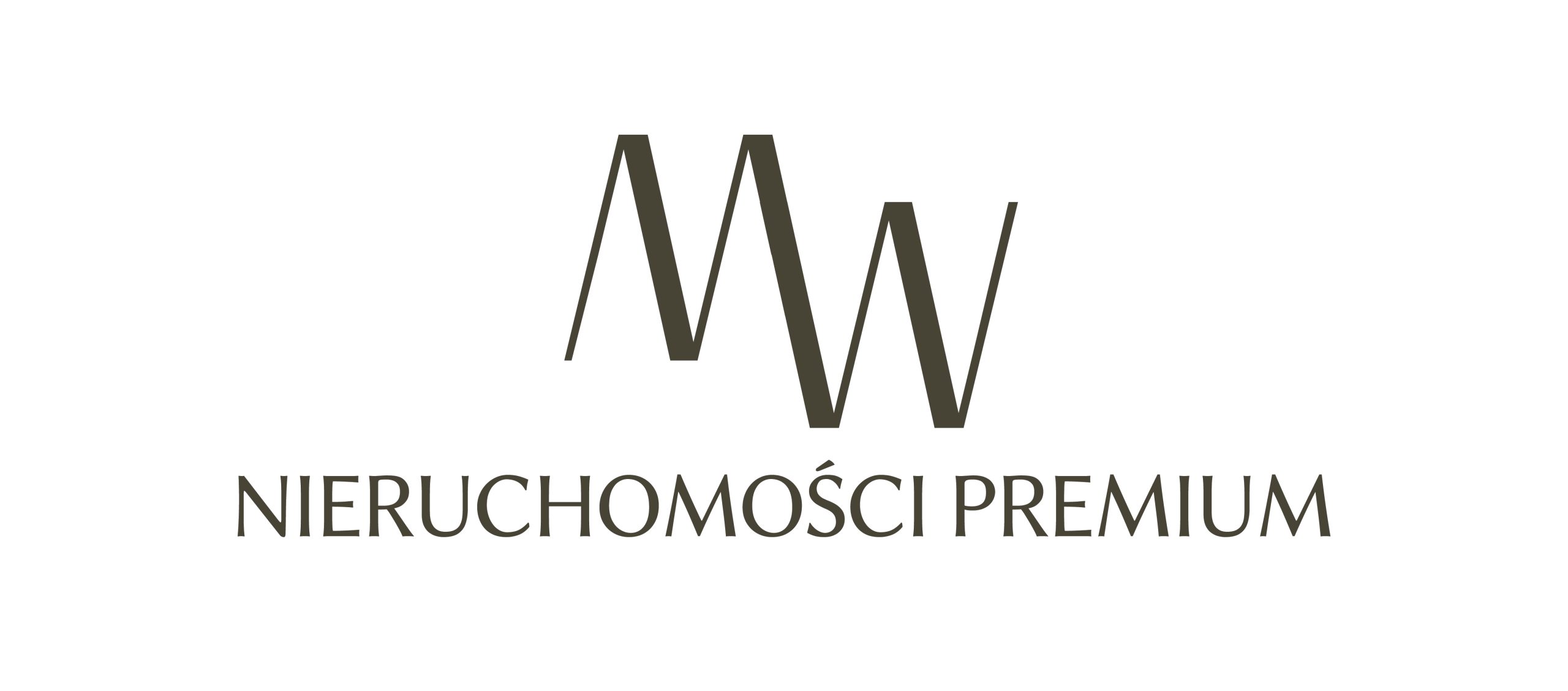 Pionowe logo firmy: duży beżowy sygnet "MW" oraz mniejszy ciemnoszary podpis "NIERUCHOMOŚCI PREMIUM" na białym tle.