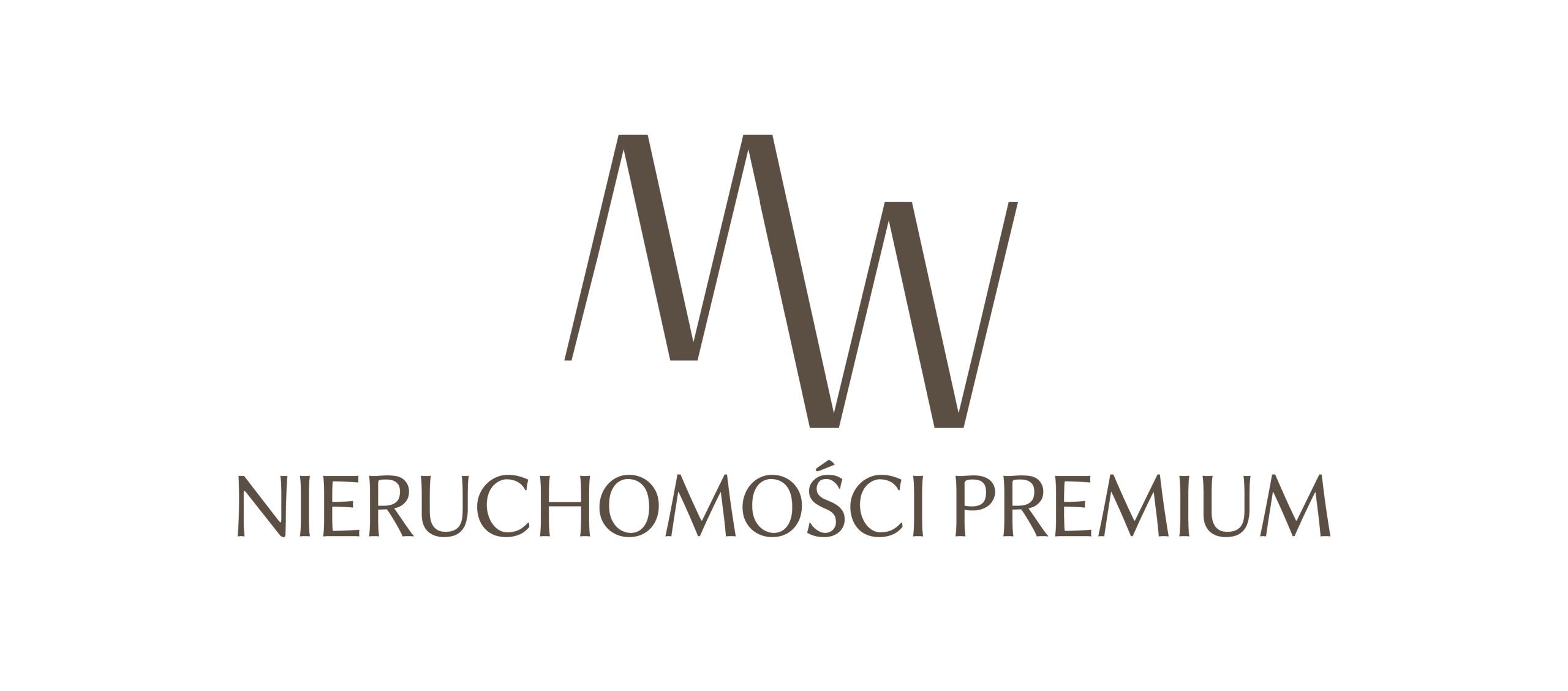 Pełne logo marki na białym tle: beżowy monogram "MW" u góry oraz szary napis "NIERUCHOMOŚCI PREMIUM" poniżej.